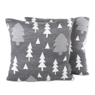 Knit cushion covers, 'Pine Dale in Slate' (pair) - Pine Tree Knit Cushion Covers in Slate from India (Pair)