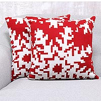 Knit cushion covers, 'Christmas Fantasy in Poppy' (pair) - Christmas-Themed Knit Cushion Covers in Poppy (Pair)