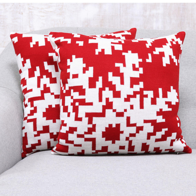 Knit cushion covers, 'Christmas Fantasy in Poppy' (pair) - Christmas-Themed Knit Cushion Covers in Poppy (Pair)