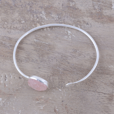 Rose quartz cuff bracelet, 'Pink Peek' - Rose Quartz Oval and Sterling Silver Cuff Bracelet