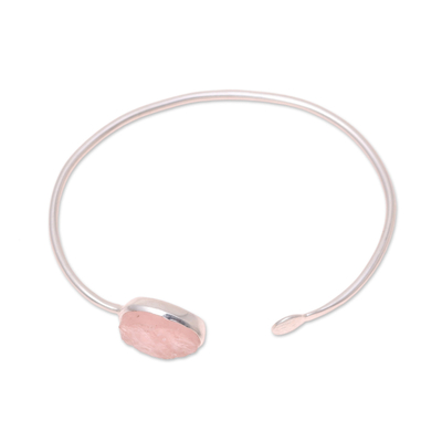 Rose quartz cuff bracelet, 'Pink Peek' - Rose Quartz Oval and Sterling Silver Cuff Bracelet