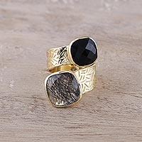 Gold plated quartz and onyx wrap ring, 'Twilight Drama' - Onyx and Tourmalinated Quartz 18k Gold Plated Wrap Ring