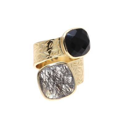 Gold plated quartz and onyx wrap ring, 'Twilight Drama' - Onyx and Tourmalinated Quartz 18k Gold Plated Wrap Ring