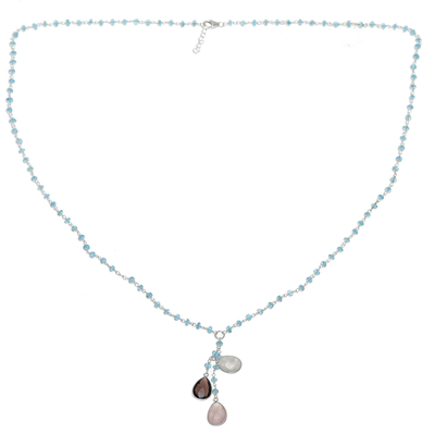 Multi-gemstone pendant necklace, 'Dawn Dew' - Multi-Gemstone and Sterling Silver Link Pendant Necklace