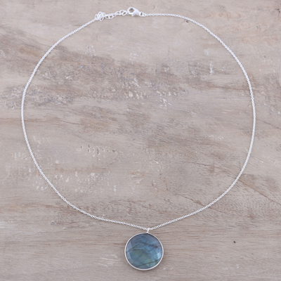 Labradorite pendant necklace, 'Aurora Moon' - Circular Labradorite Pendant Necklace from India