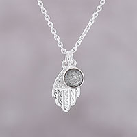 Labradorite pendant necklace, 'Swinging Hamsa' - Labradorite Hamsa Pendant Necklace from India