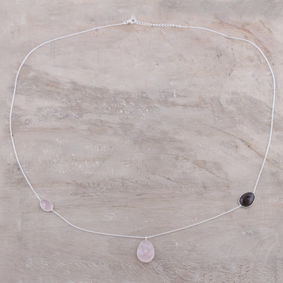Rose quartz and smoky quartz pendant necklace, 'Egg Glitter' - Rose Quartz and Smoky Quartz Pendant Necklace from India