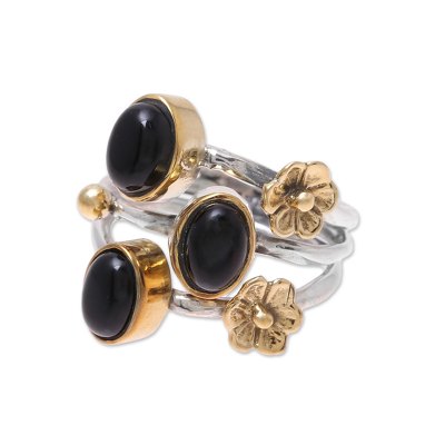 Onyx cocktail ring, 'Midnight Gala' - Oval Onyx and Brass Flowers on Sterling Silver Cocktail Ring