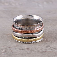 Sterling silver, copper, and brass meditation ring, 'Trio Treasure'