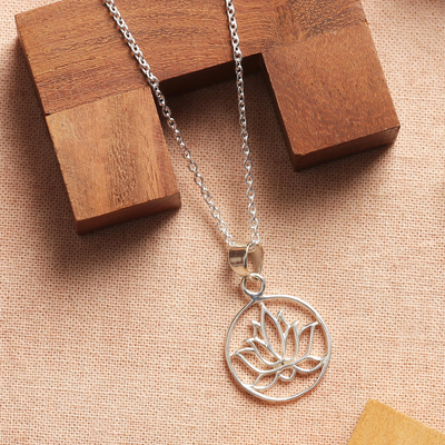 Sterling silver pendant necklace, 'Lotus in Bloom' - Handcrafted Sterling Silver Lotus Bloom Pendant Necklace