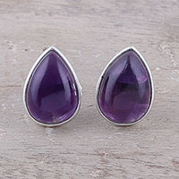Amethyst button earrings, 'Mystic Tears' - Teardrop Amethyst Button Earrings from India