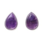 Amethyst button earrings, 'Mystic Tears' - Teardrop Amethyst Button Earrings from India