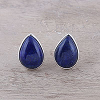 Lapis lazuli button earrings, 'Mystic Tears' - Teardrop Lapis Lazuli Button Earrings from India