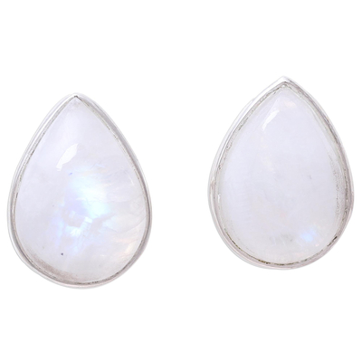 Rainbow moonstone button earrings, 'Mystic Tears' - Teardrop Rainbow Moonstone Button Earrings from India