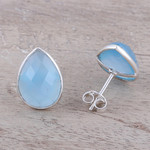 Chalcedony button earrings, 'Mystic Tears' - Teardrop Chalcedony Button Earrings from India