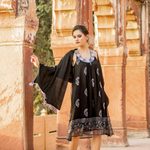 Silk shawl, 'Midnight Woman' - Silk Shawl with Beaded Fringe in Black from India