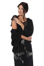Silk shawl, 'Midnight Woman' - Silk Shawl with Beaded Fringe in Black from India