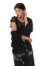 Silk shawl, 'Midnight Woman' - Silk Shawl with Beaded Fringe in Black from India