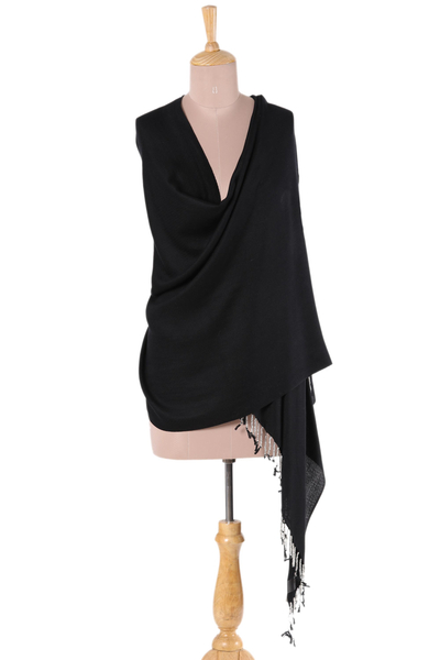 Silk shawl, 'Midnight Woman' - Silk Shawl with Beaded Fringe in Black from India