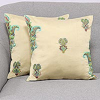 Embroidered cushion covers, 'Paisley Fascination in Green' (pair) - Paisley Embroidered Cushion Covers in Green (Pair)