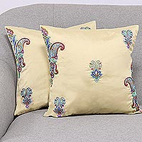 Embroidered cushion covers, 'Paisley Fascination in Blue' (pair) - Paisley Embroidered Cushion Covers in Blue from India (Pair)