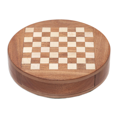 Mini wood chess set, 'Fun Times' - Handcrafted Round Acacia and Kadam Wood Chess Set from India