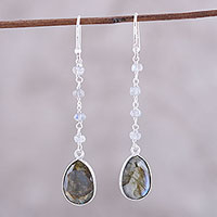 Labradorite dangle earrings, 'Raining Drops' - 10-Carat Labradorite Dangle Earrings from India