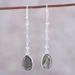 Labradorite dangle earrings, 'Raining Drops' - 10-Carat Labradorite Dangle Earrings from India