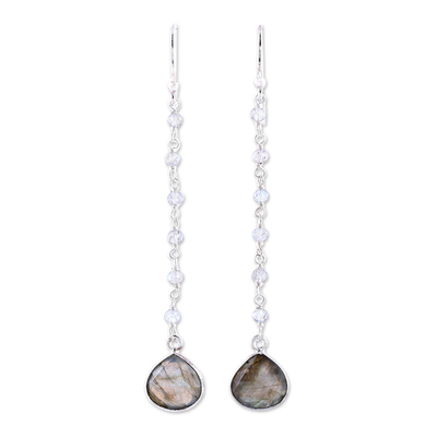 Labradorite dangle earrings, 'Morning Drops' - 8-Carat Labradorite Dangle Earrings from India