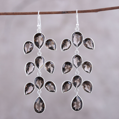Smoky quartz dangle earrings, 'Leaf Cascade' - 44-Carat Smoky Quartz Dangle Earrings from India