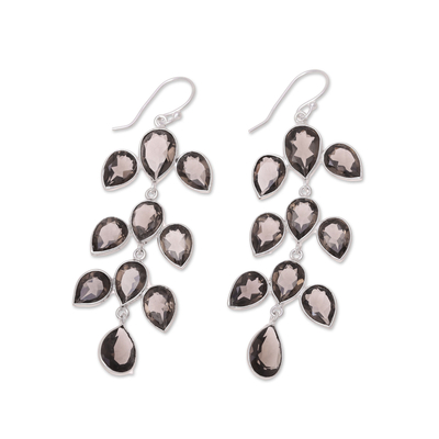 Smoky quartz dangle earrings, 'Leaf Cascade' - 44-Carat Smoky Quartz Dangle Earrings from India