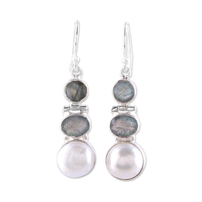 Labradorite and cultured pearl dangle earrings, 'Dance in the Clouds' - Labradorite and Cultured Pearl Dangle Earrings from India