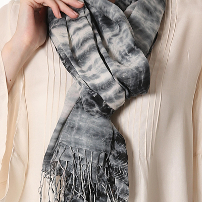 Tie-dyed cotton shawl, 'Elegant Shibori' - 100% Cotton Shibori Shawl in Black and Ivory from India