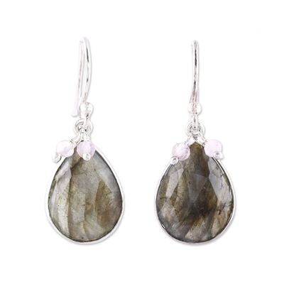 9-Carat Labradorite and Rose Quartz Dangle Earrings