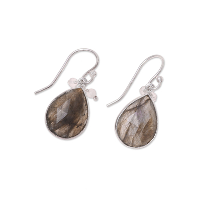 Labradorite and rose quartz dangle earrings, 'Complex Tears' - 9-Carat Labradorite and Rose Quartz Dangle Earrings