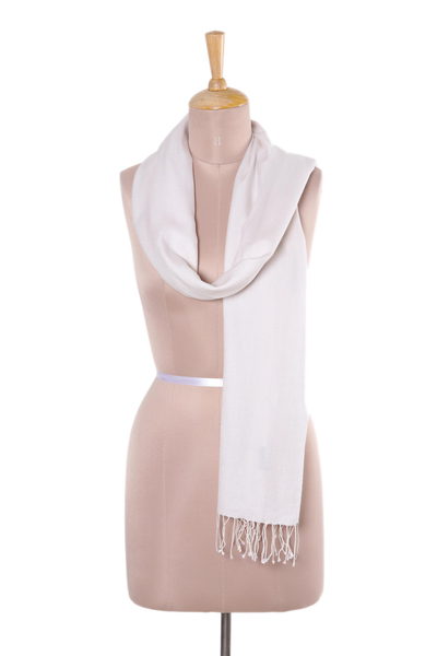 Silk and wool blend scarf, 'Swan Feather' - White Silk and Wool Blend Fringed Scarf from India
