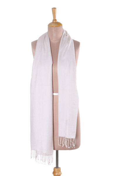 White Silk and Wool Blend Fringed Scarf from India - Swan Feather | NOVICA