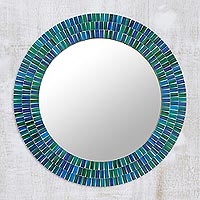 Green and Blue Glass Mosaic Wall Mirror Crafted in India,'Ocean Layers'