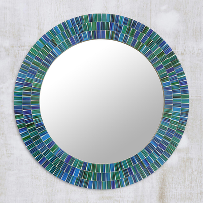 Espejo de pared de mosaico de vidrio - Espejo de pared con mosaico de vidrio verde y azul elaborado en la India