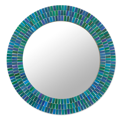 Glass mosaic wall mirror, 'Ocean Layers' - Green and Blue Glass Mosaic Wall Mirror Crafted in India
