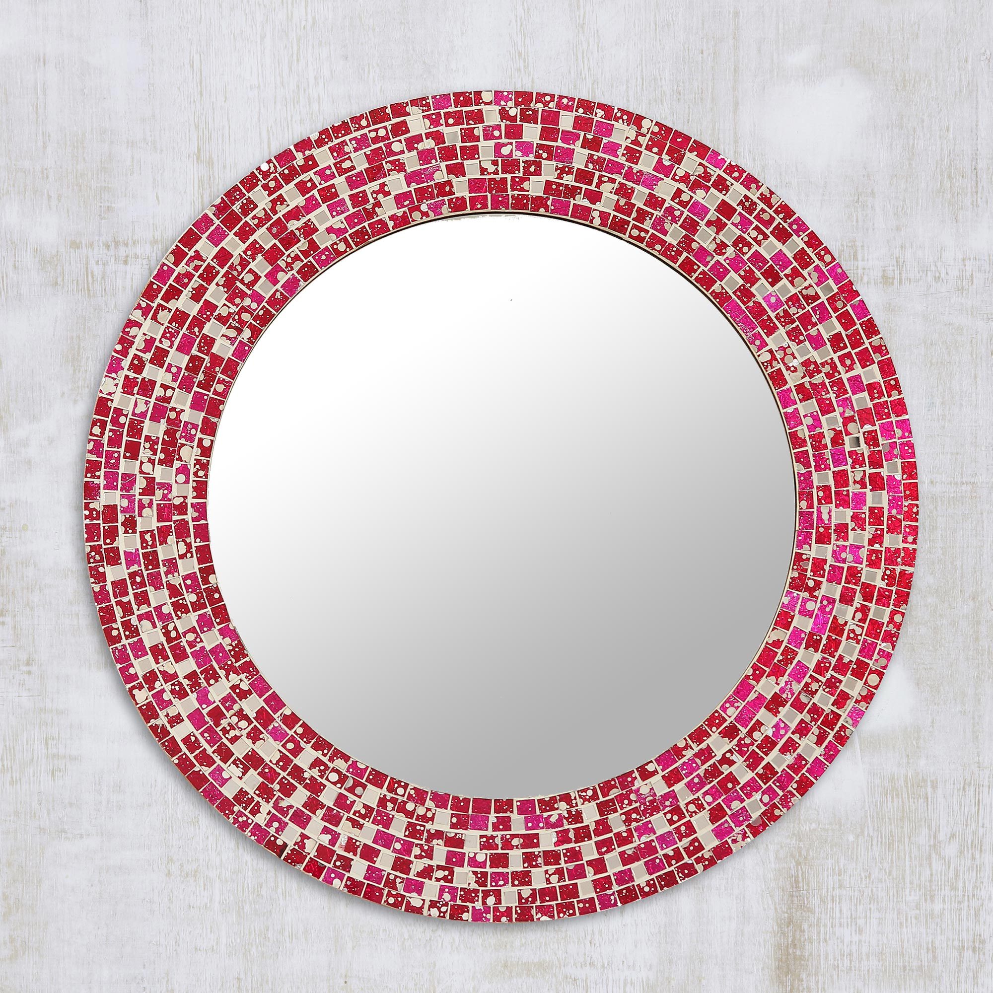 Handcrafted Crimson And Pink Glass Mosaic Wall Mirror Beauty