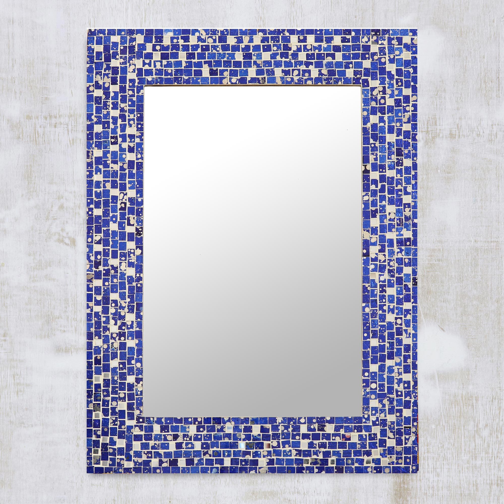Rectangular Blue Glass Mosaic Wall Mirror From India Shimmering