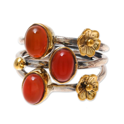 Floral Red-Orange Onyx Cocktail Ring from India