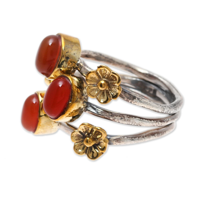 Onyx cocktail ring, 'Daylight Gala' - Floral Red-Orange Onyx Cocktail Ring from India