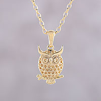 Gold plated sterling silver pendant necklace, 'Hooting Owl'