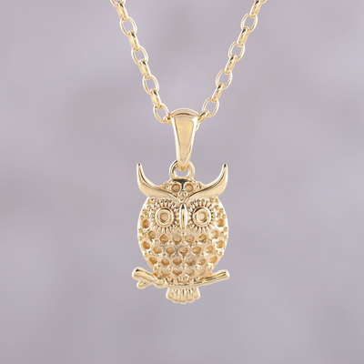 Gold plated sterling silver pendant necklace, 'Hooting Owl' - Gold Plated Sterling Silver Owl Pendant Necklace from India