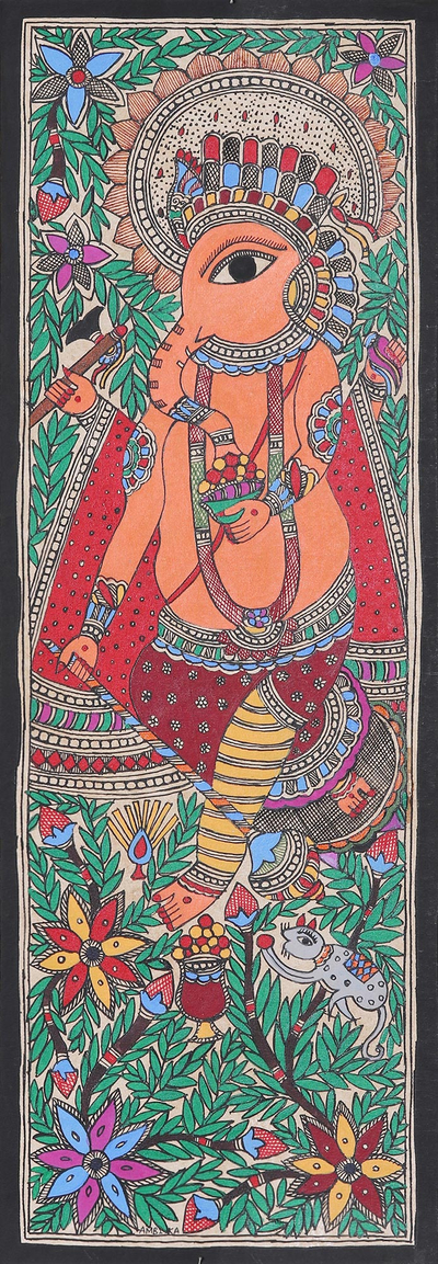 Signed Madhubani Painting of Hindu God Ganesha from India