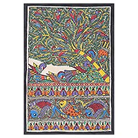 Madhubani painting, 'Glorious Harmony' - Tree and Peacock Madhubani Painting from India