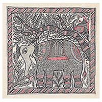 Pintura Madhubani, 'Marcha Real' - Pintura Madhubani firmada de un elefante de la India