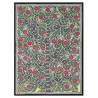 Pintura Madhubani, 'Árbol floreciente' - Pintura Madhubani de un árbol floral con pájaros de la India